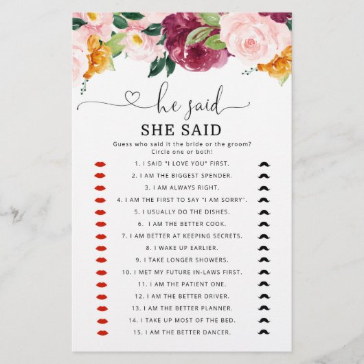 Papier Burgundy d'automne Il dit qu'elle a dit jeu de dou (Devant)