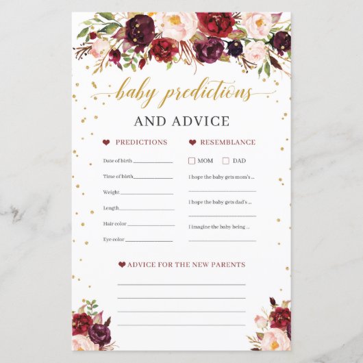 Papier Burgundy floral bébé prédictions et le jeu de cons (Devant)