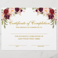 Burgundy Floral Certificat d'achèvement Or