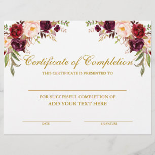 Papier Burgundy Floral Certificat d'achèvement Or