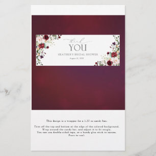 Papier Burgundy Floral Fête des mariées Candy Bar Wrapper