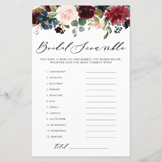 Papier Burgundy Floral Word Scramble Fête des mariées Jeu (Devant)