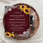 Papier Burgundy Lace Sunflower Budget Wedding Invitation<br><div class="desc">Amaze your guests with this elegant rustic budget wedding invite featuring beautiful sunflowers and lace with modern typography on a rustic barn wood background. Simply add your event details on this easy-to-use template to make it a one-of-a-kind invitation.</div>