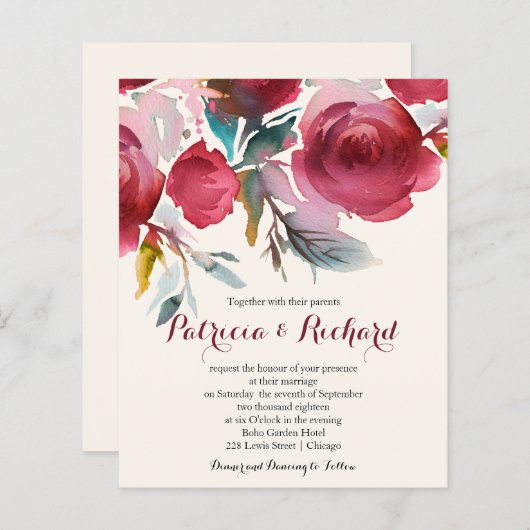 Papier Burgundy Marsala Floral Faire-part de mariage pas (Devant / Derrière)