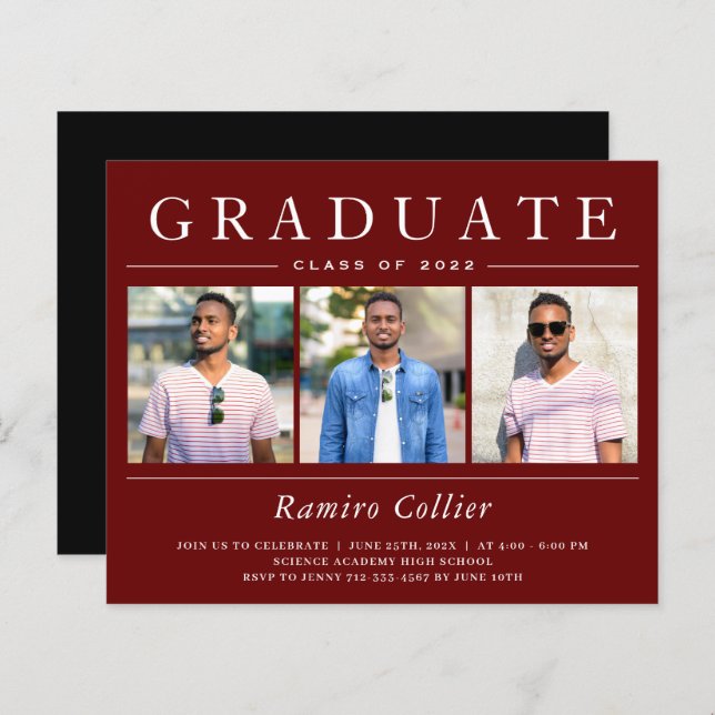 Papier Burgundy Red 3 Photo Graduation Invitations (Devant / Derrière)