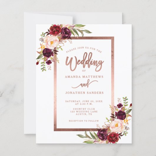 Papier Burgundy Red Floral Rose Gold Script Mariage (Devant)