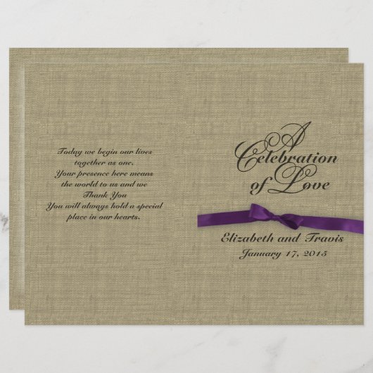 Papier Burlap et Purple Bow Wedding Program (Devant / Derrière)