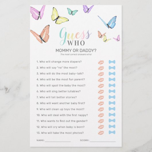 Papier Butterfly Devine Qui Baby shower Jeu (Devant)