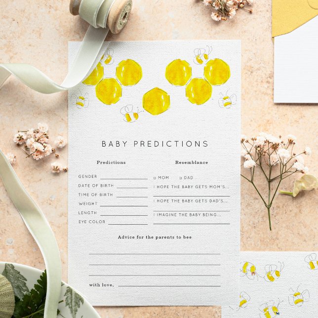 Papier Buzzing Bees Baby Predictions Baby shower Jeu (Yellow watercolor bees and honeycomb Baby Shower baby predictions game sheets.)