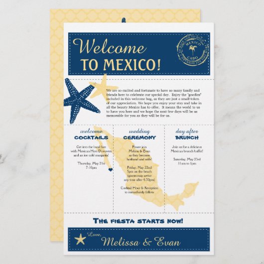 Papier Cabo jaune bleu Mexique Mariage Bienvenue (Devant / Derrière)