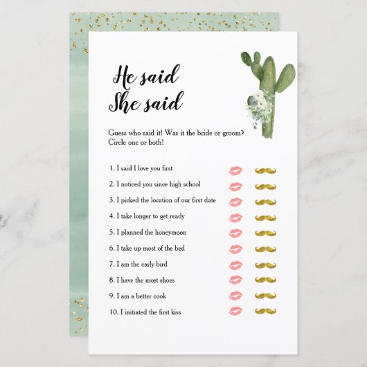 Papier Cactus Taco 'about Love Il a dit Elle a dit Game (Devant / Derrière)