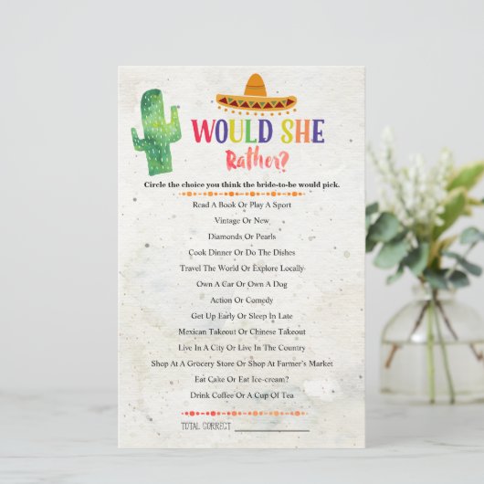 Papier CACTUS Would She Rather Jeu de Fête de Mariage (Debout devant)