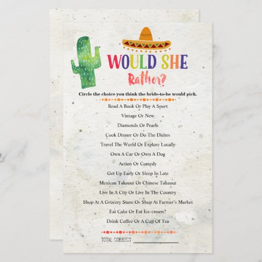 Papier CACTUS Would She Rather Jeu de Fête de Mariage (Devant / Derrière)