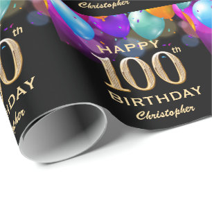 Papier Cadeau 100e fête d'anniversaire Ballons Noir et Or