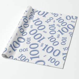 Papier Cadeau 100e Motif de nombre aléatoire bleu/blanc grand