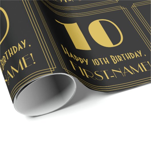 Papier Cadeau 10e anniversaire ~ Art Déco Inspiré Look "10", Nom (Coin rond)