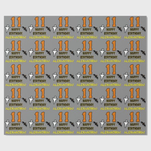 Papier Cadeau 11e anniversaire : Thème d'Halloween Éffrayant, No (Plat)