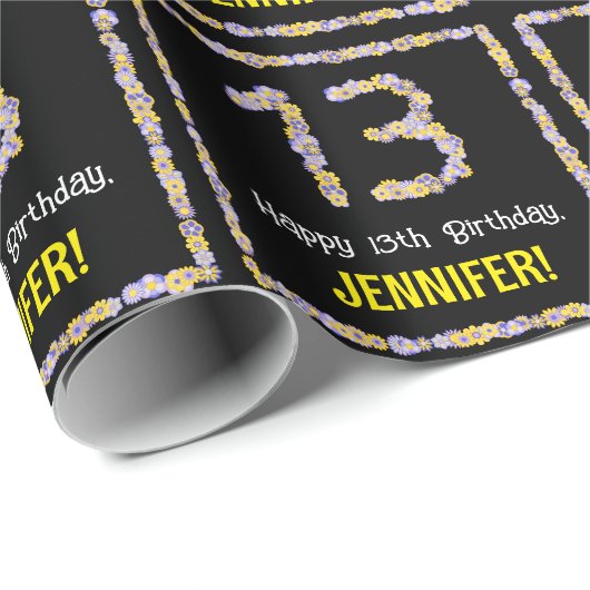 Papier Cadeau 13e anniversaire : Floral Flowers Numéro, Nom pers (Coin rond)