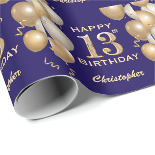 Papier Cadeau 13e anniversaire Marine Bleu et Parties scintillan