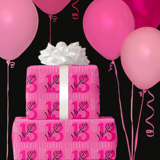 Papier Cadeau 13e anniversaire Pink Personnalisé Nom Typographie