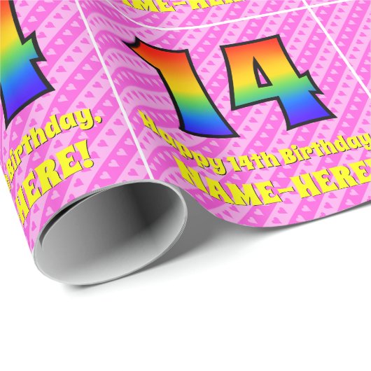 Papier Cadeau 14e anniversaire : Pink Stripes & Hearts, Arc en c (Coin rond)