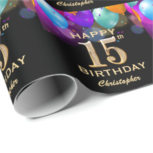Papier Cadeau 15e anniversaire de la fête Ballons Noir et Or