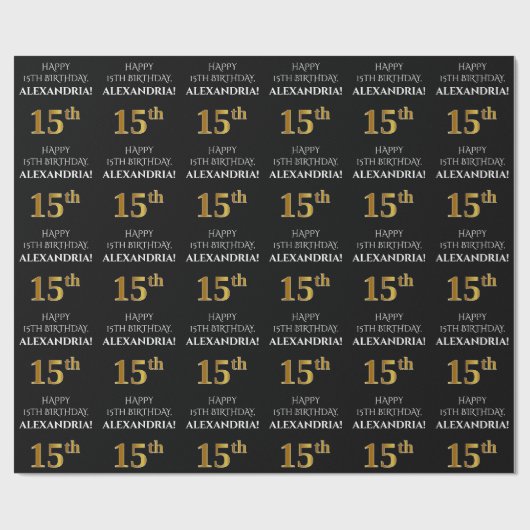 Papier Cadeau 15e anniversaire : Elégant, Noir, Faux Gold Look (Plat)