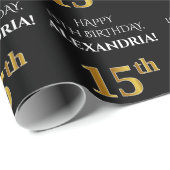 Papier Cadeau 15e anniversaire : Elégant, Noir, Faux Gold Look (Coin rond)