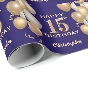 Papier Cadeau 15e anniversaire Marine Bleu et Parties scintillan