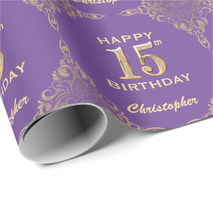 Papier Cadeau 15e anniversaire Parties scintillant violet et or 
