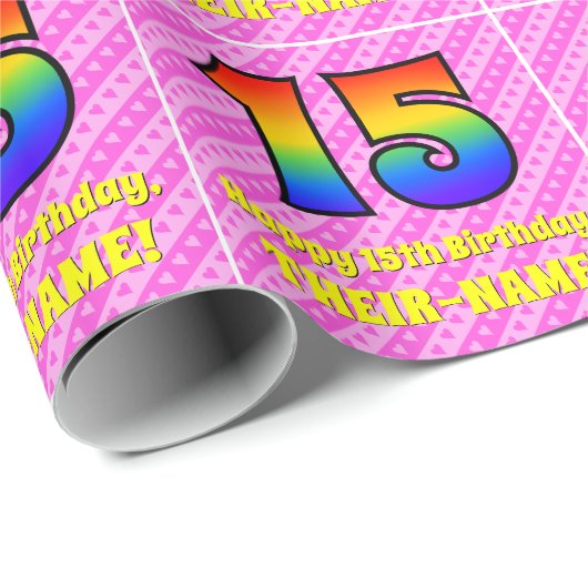Papier Cadeau 15e anniversaire : Pink Stripes & Hearts, Arc en c (Coin rond)