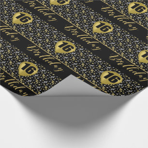 Papier Cadeau 16e Anniversaire Ballons d'or sur Noir avec Confet