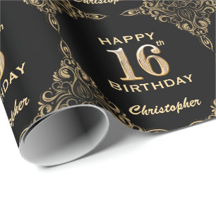 Papier Cadeau 16e anniversaire Black and Gold Parties scintillan