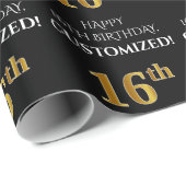 Papier Cadeau 16e anniversaire : Elégant, noir, Faux Gold Look (Coin rond)