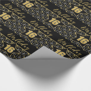 Papier Cadeau 16e Anniversaire étoile sur Noir avec Argent Or