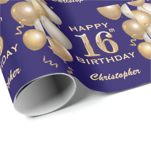 Papier Cadeau 16e anniversaire Marine Bleu et Parties scintillan