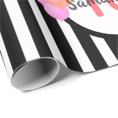 Papier Cadeau 16e anniversaire noir blanc rayures ballons rose (Coin rond)