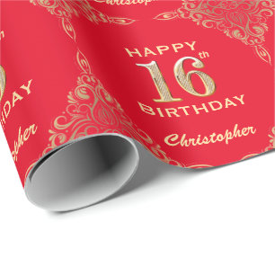 Papier Cadeau 16e anniversaire Parties scintillant rouge et or