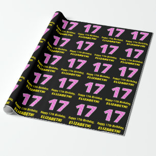 Papier Cadeau 17e anniversaire : Pink Stripes and Hearts "17" + 
