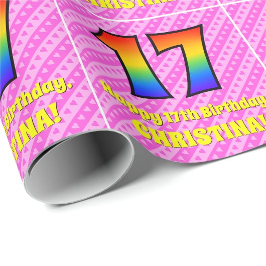 Papier Cadeau 17e anniversaire : Pink Stripes & Hearts, Arc en c (Coin rond)