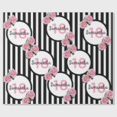 Papier Cadeau 18e anniversaire chic rose roses noir blanc rayure (Plat)