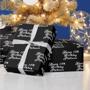 Papier Cadeau 18e anniversaire Nom de fête Noir Motif moderne
