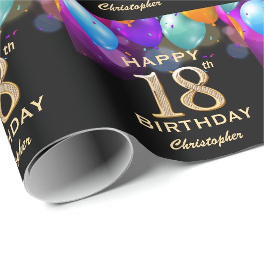 Papier Cadeau 18e fête d'anniversaire Ballons noirs et or (Coin rond)
