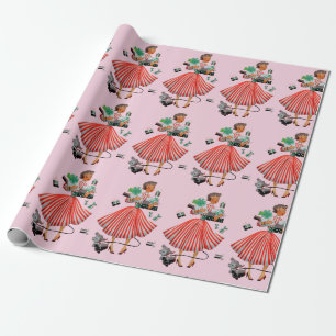 Papier Cadeau 1950 Noël Dame Vintage