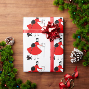 Papier Cadeau 1950 Vintage Christmas Lady with Dog