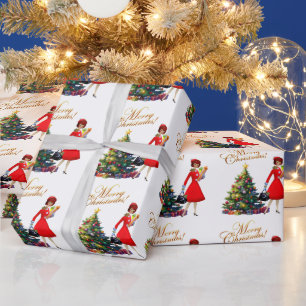 Papier Cadeau 1950 Vintage Lady Christmas Shopping pour cadeaux