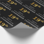 Papier Cadeau 19e anniversaire : Elégant, Noir, Faux Gold Look (Coin)