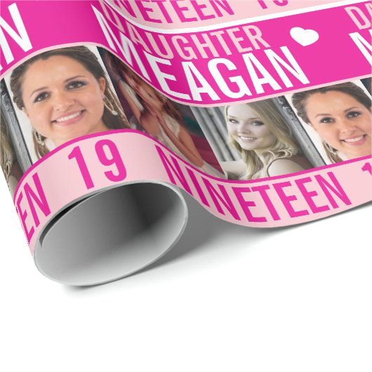 Papier Cadeau 19e anniversaire trois photos fille rose enveloppe (Coin rond)