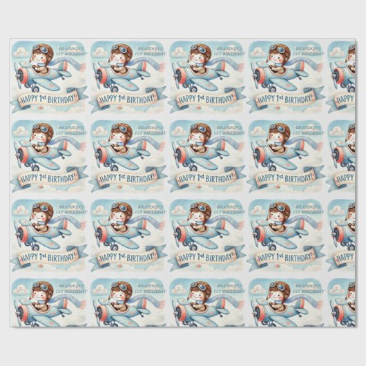 Papier Cadeau 1er Anniversaire Aéronef Boy Aquarelle vers le hau (Plat)