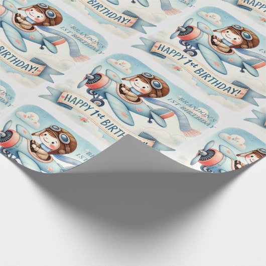 Papier Cadeau 1er Anniversaire Aéronef Boy Aquarelle vers le hau (Coin)